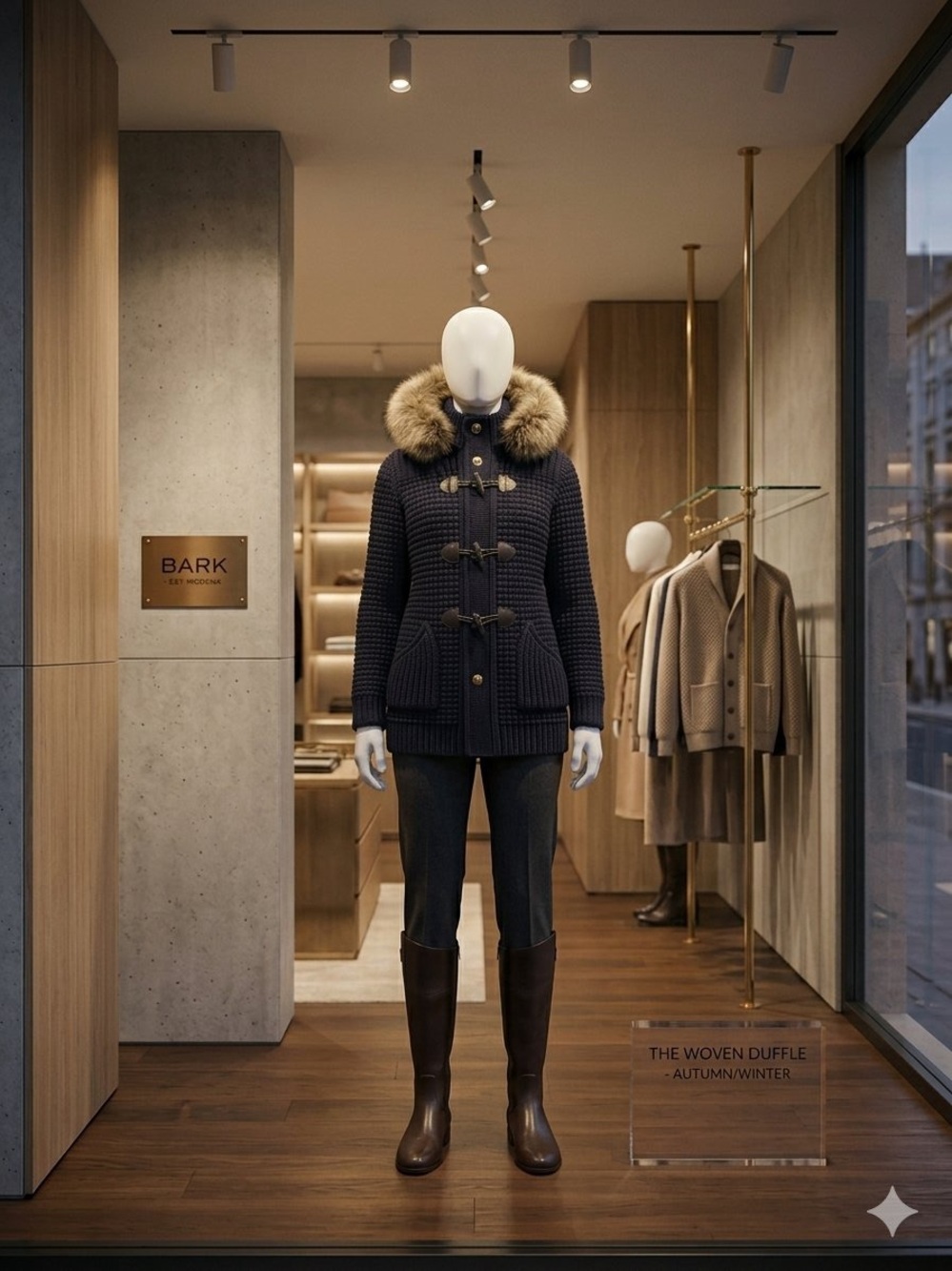 Bark Navy Knit Duffle Coat with Fur-Trim Hood